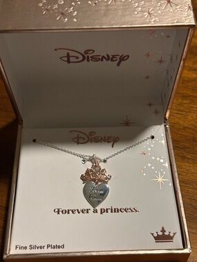 Disney forever a princess Silver and Rose Gold Heart Crown Necklace 18”